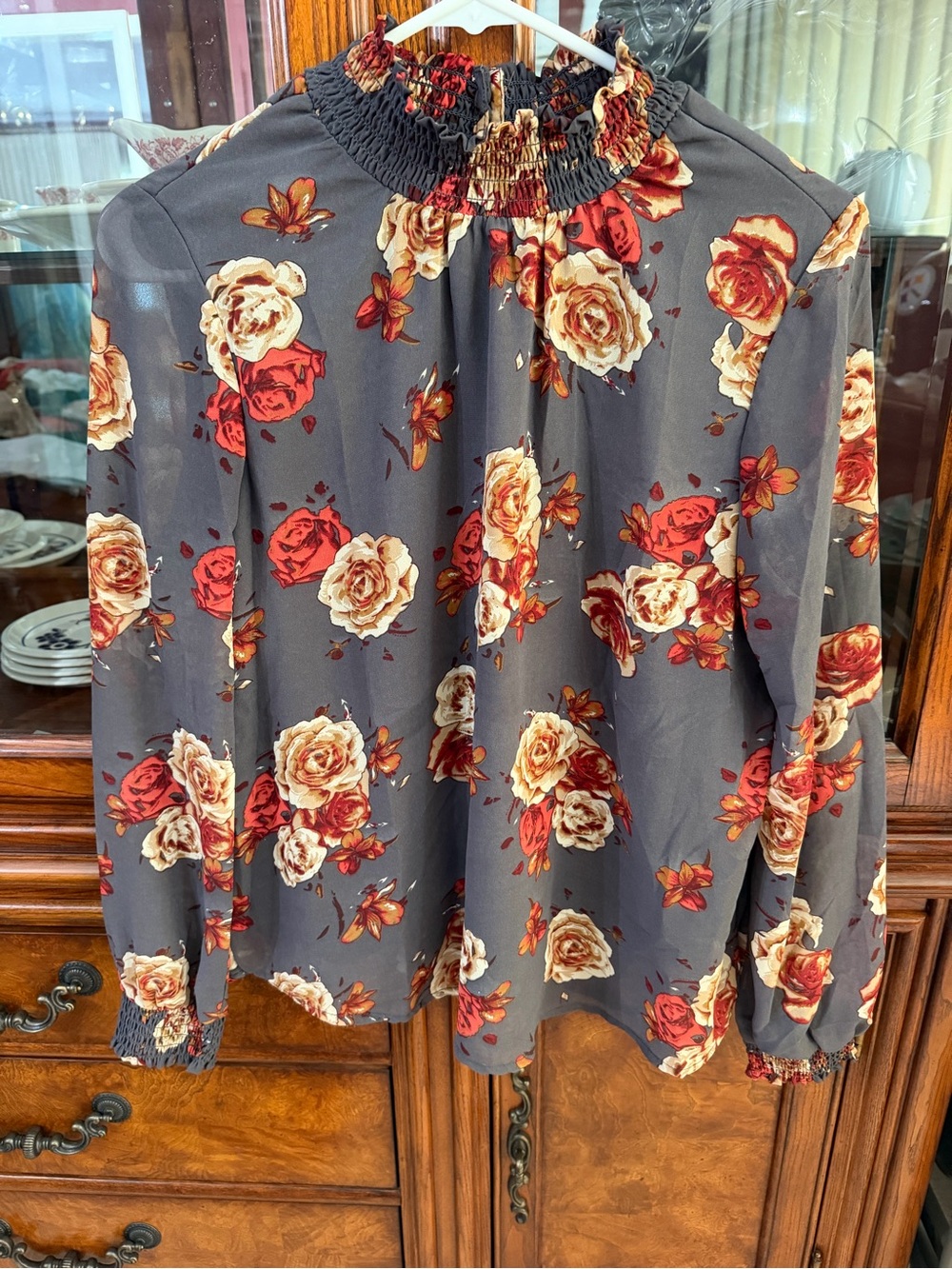 Smocked-Neck Floral Blouse in Charcoal with Red & Cream Roses